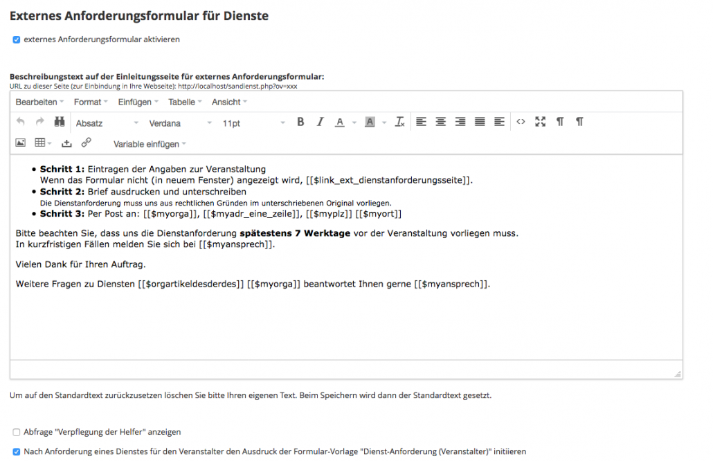 Einstellungen Externe Dienstanforderung