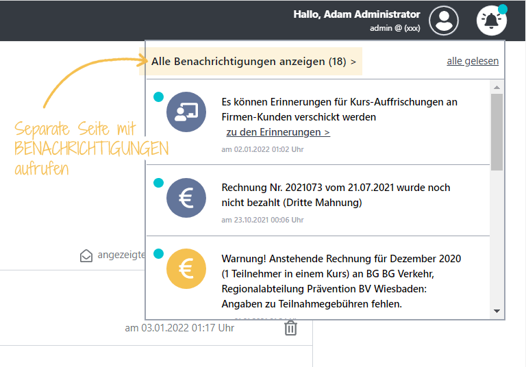 Benachrichtigungsseite über Link aufrufen