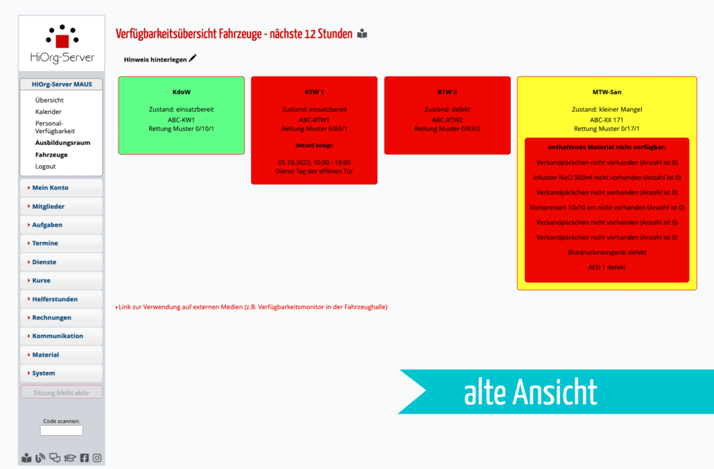 Materialverfügbarkeitsübersicht - alte Ansicht