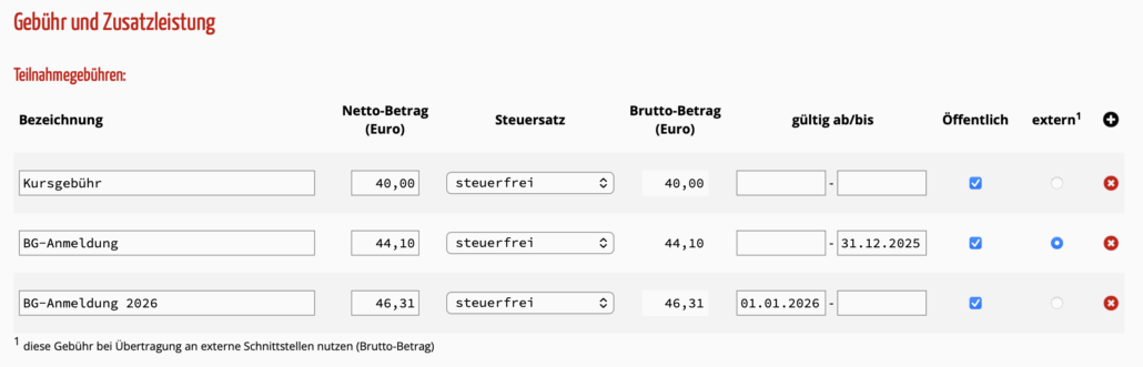 Screenshot | Kursgebühr