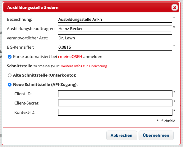Dialog zum Einrichten der Schnittstelle meineQSEH