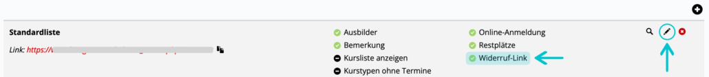 Widerruf-Link in Kursliste