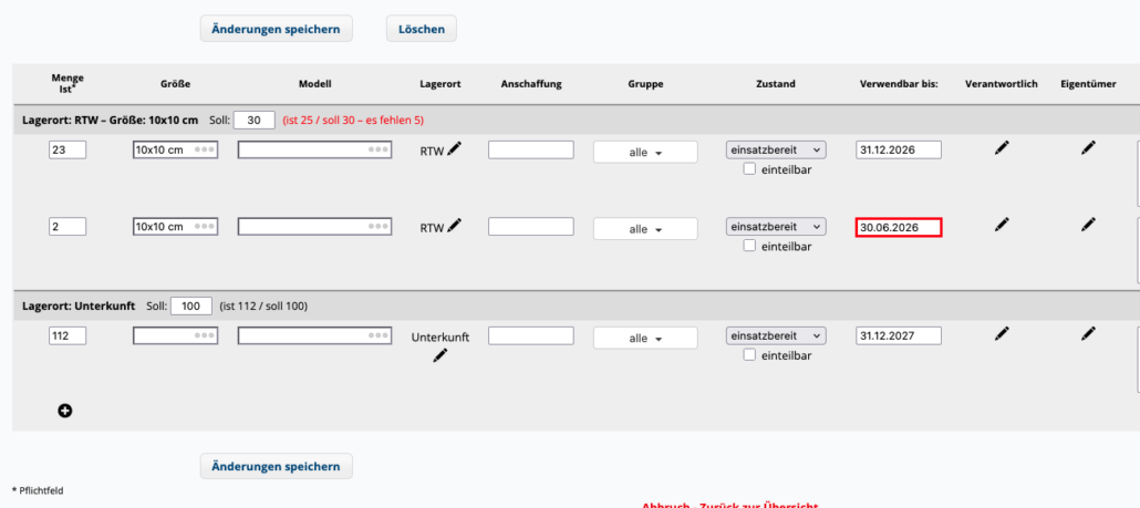 Update Material: gemeinsame Sollmengen