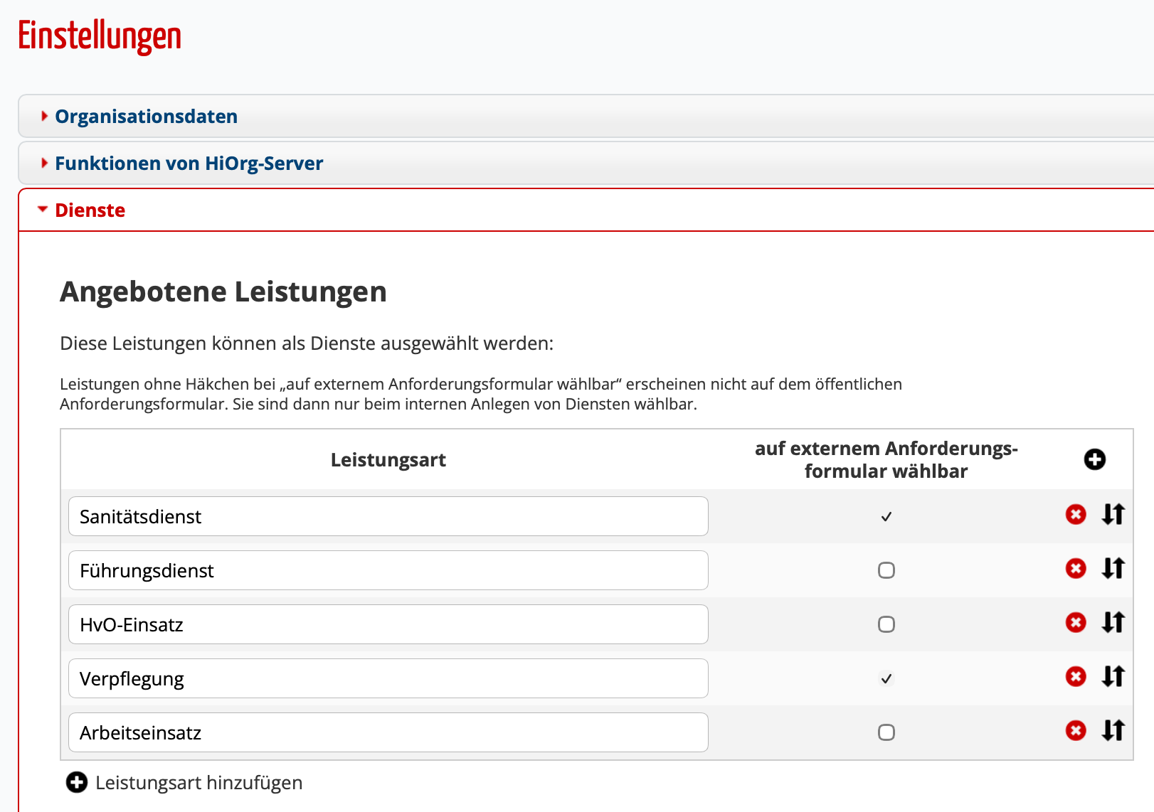 Einstellungen Leistungsarten