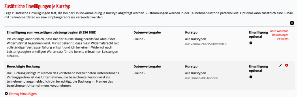 Zusätzliche Einwilligung bei Kursanmeldung