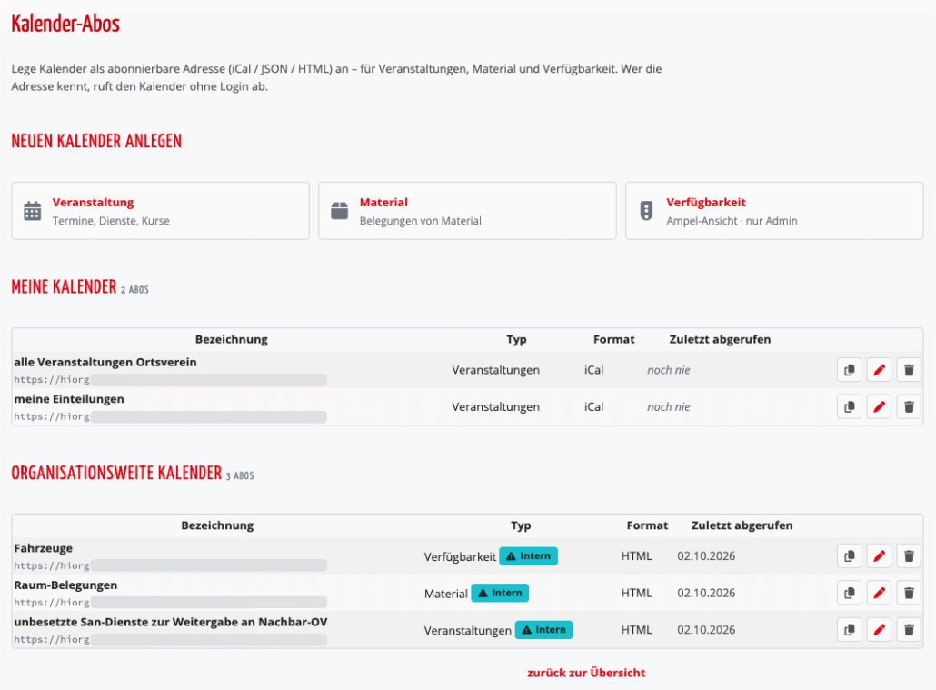 Kalender-Abos Dashboard