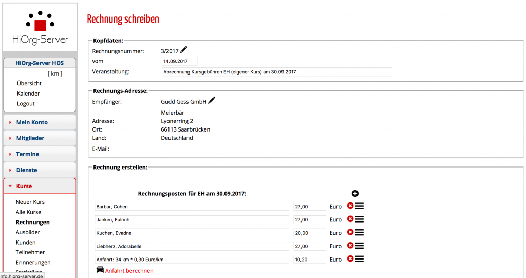 Rechnung zu Kurs erzeugen