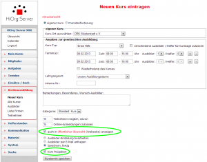Neuen Kurs eintragen und veröffentlichen