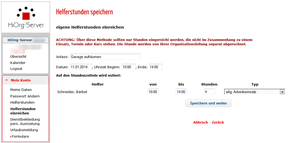 eigene Helferstunden einreichen - eintragen durch den Helfer selbst