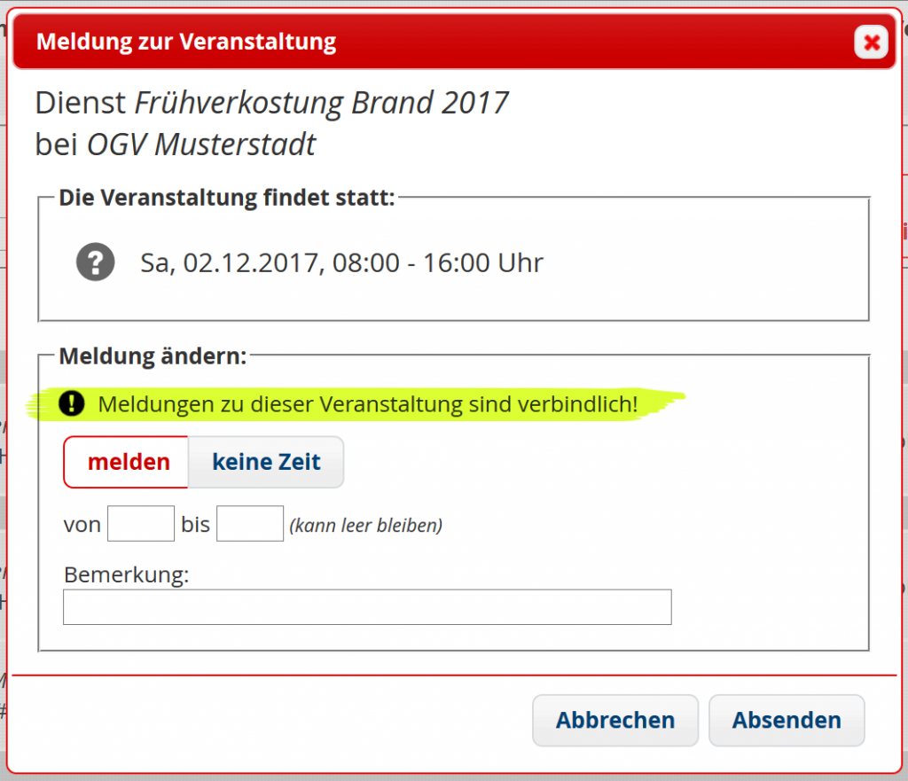 Verbindliche Meldung - Meldedialog